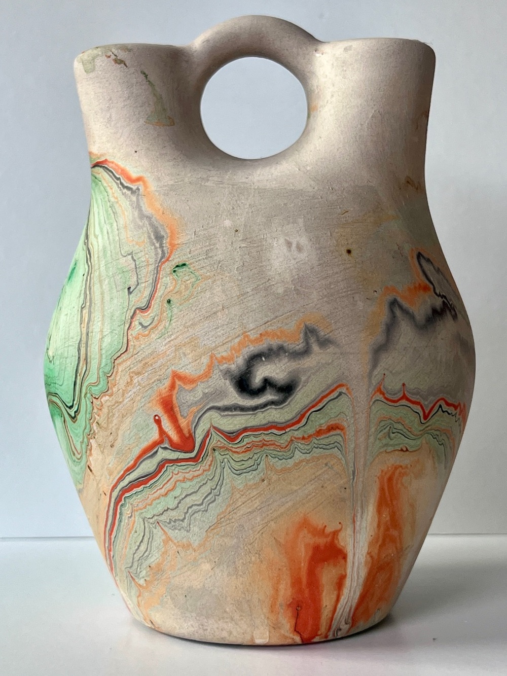 Vintage Nemadji Native American Wedding Vase Clay Pottery Green Orange Abstract